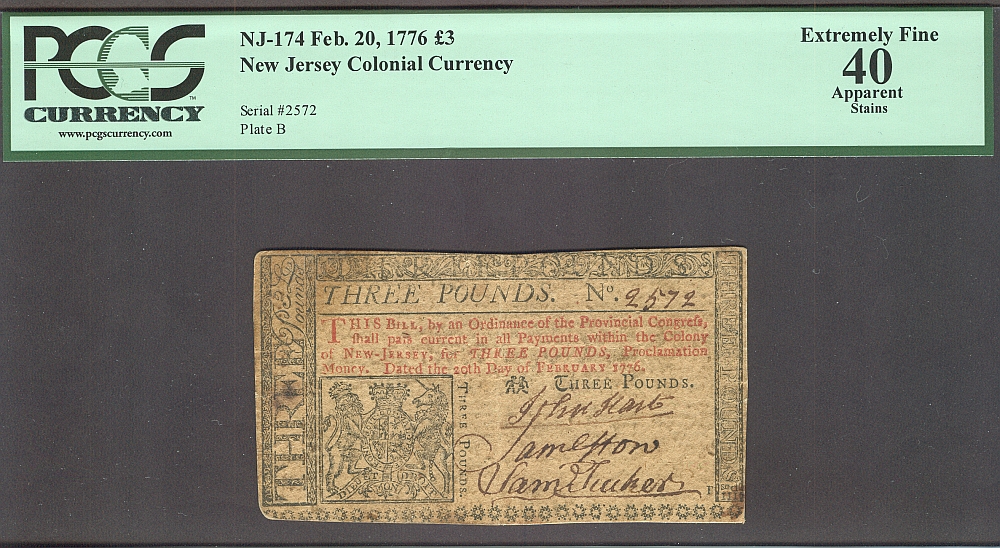 NJ-174, New Jersey Colonial Note, February 20, 1776 3 Pounds, John Hart Signed Note